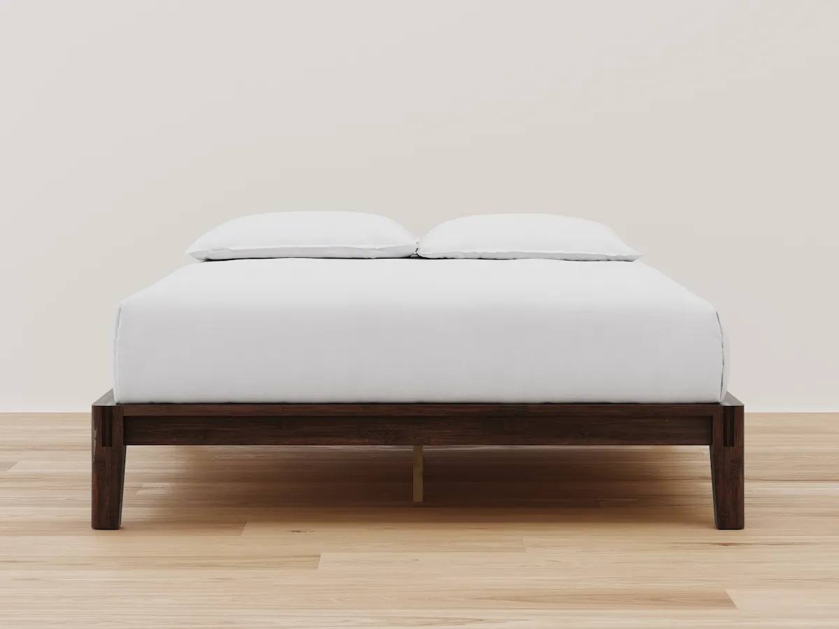 Bamboo Platform Bed Frame, King, Natural frame, Cream Linen upholstered headboard